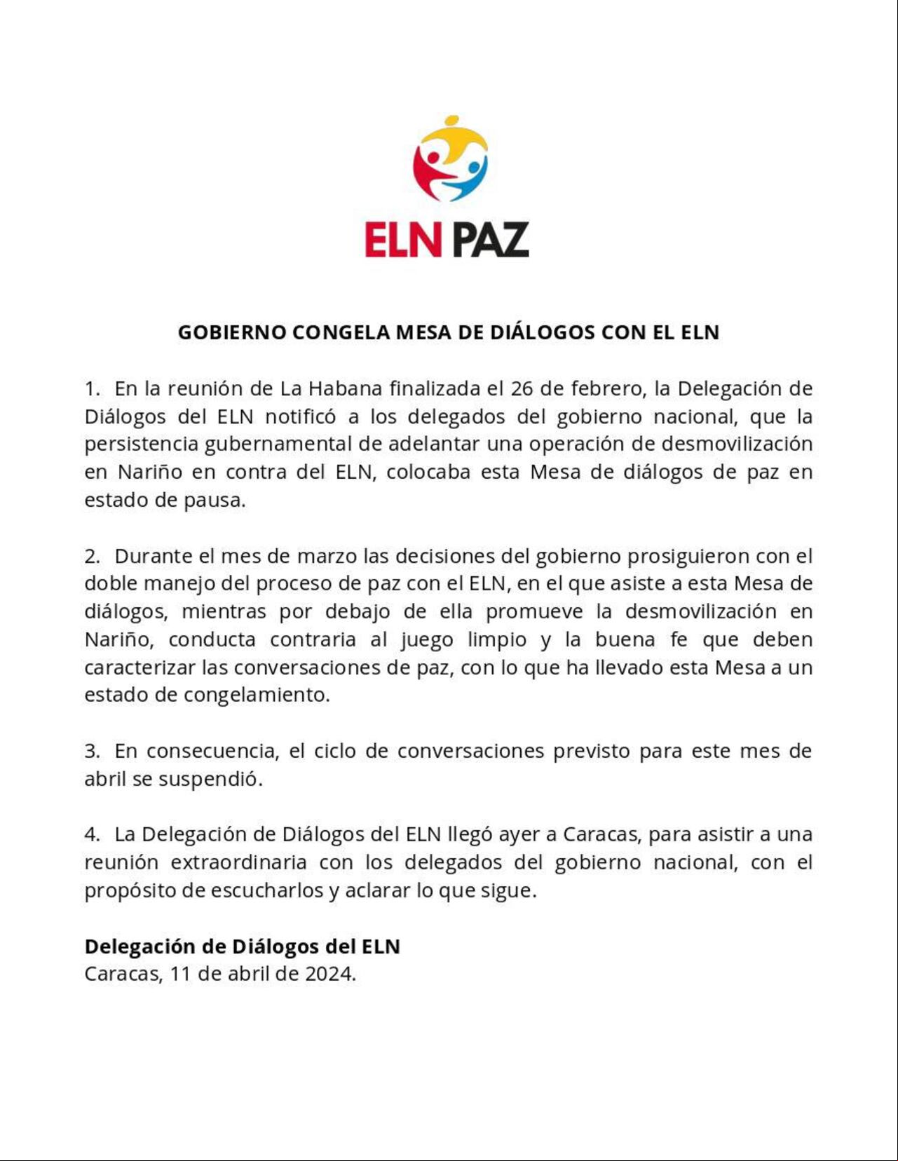 La delegación de paz del ELN asegura que el Gobierno con sus acciones congeló la mesa de diálogos.