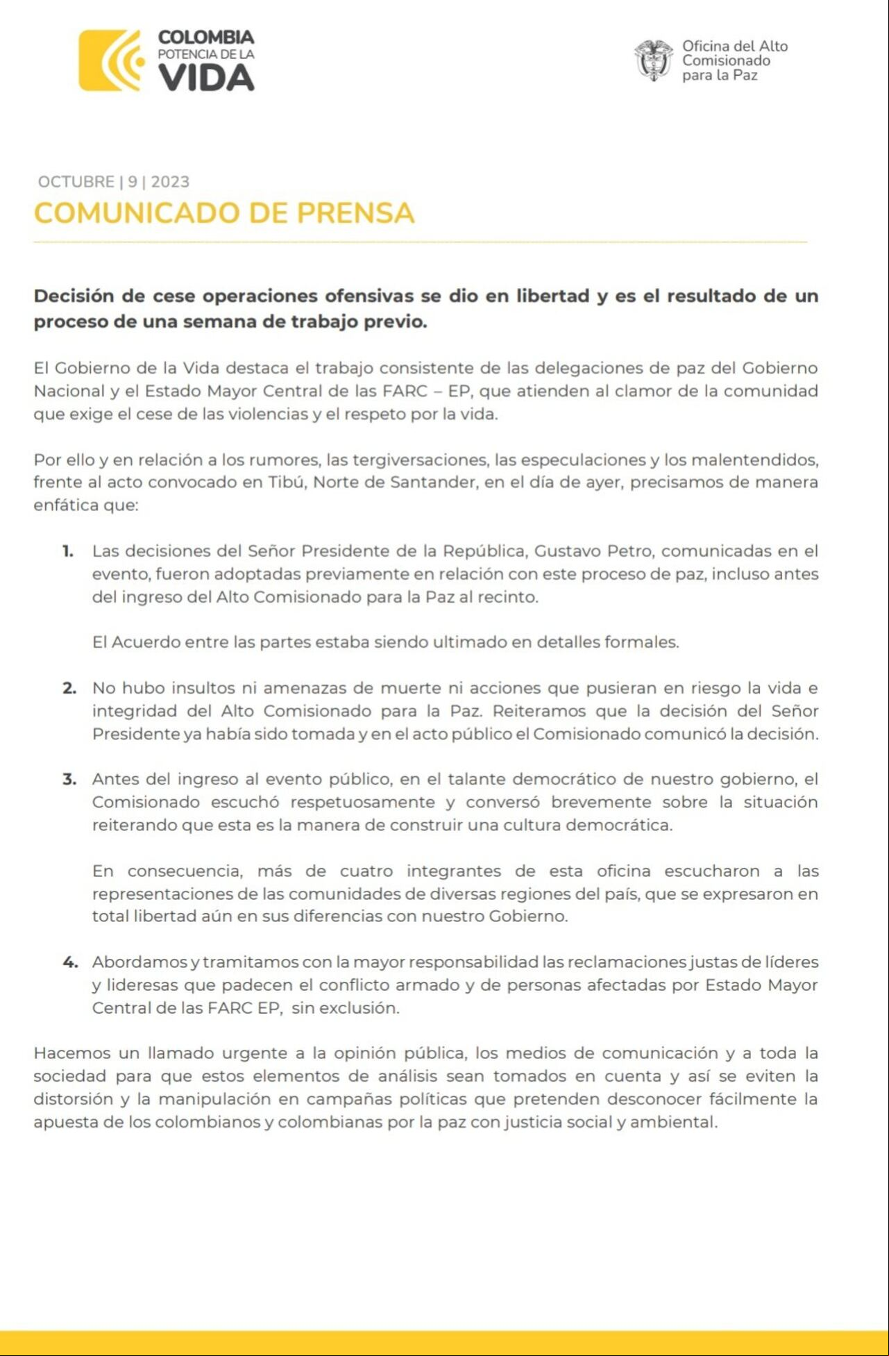 Este es el comunicado del Alto Comisionado para la Paz.