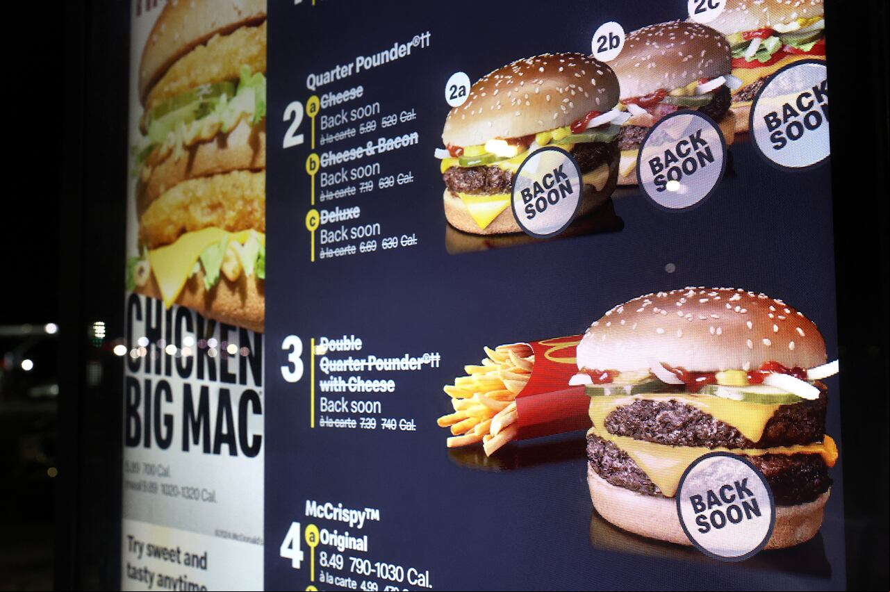 OMAHA, NEBRASKA - OCTOBER 22: Quarter Pounders are marked as unavailable and 'Back Soon' in the Drive Thru lane at a McDonald�s restaurant on October 22, 2024 in Omaha, Nebraska. Nearly 50 people were sickened with E.coli in ten states, with three people hospitalized in the Omaha area, after eating at McDonald�s restaurants. The E. coli outbreak has been linked to McDonald�s Quarter Pounders, according to the CDC. Mario Tama/Getty Images/AFP (Photo by MARIO TAMA / GETTY IMAGES NORTH AMERICA / Getty Images via AFP)