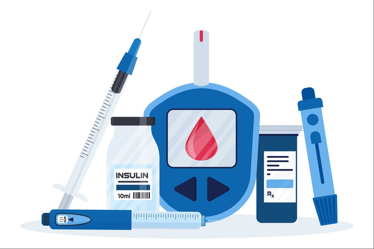 Elementos de infografía de vector plano de diabetes en estilo de dibujos animados. Colección de iconos de equipos de diabetes. Bomba de insulina, glucómetro, jeringa, bolígrafo, lanceta, tiras reactivas. Concepto de salud y prevención