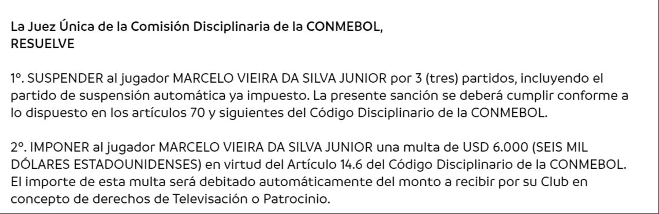 El brasileño recibió la tarjeta roja en el partido entre Argentinos Juniors y Fluminense. Esta es su sanción final