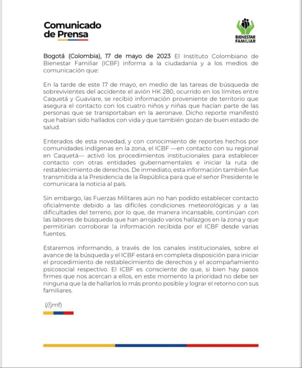 Este es el comunicado de prensa que emitió el ICBF.