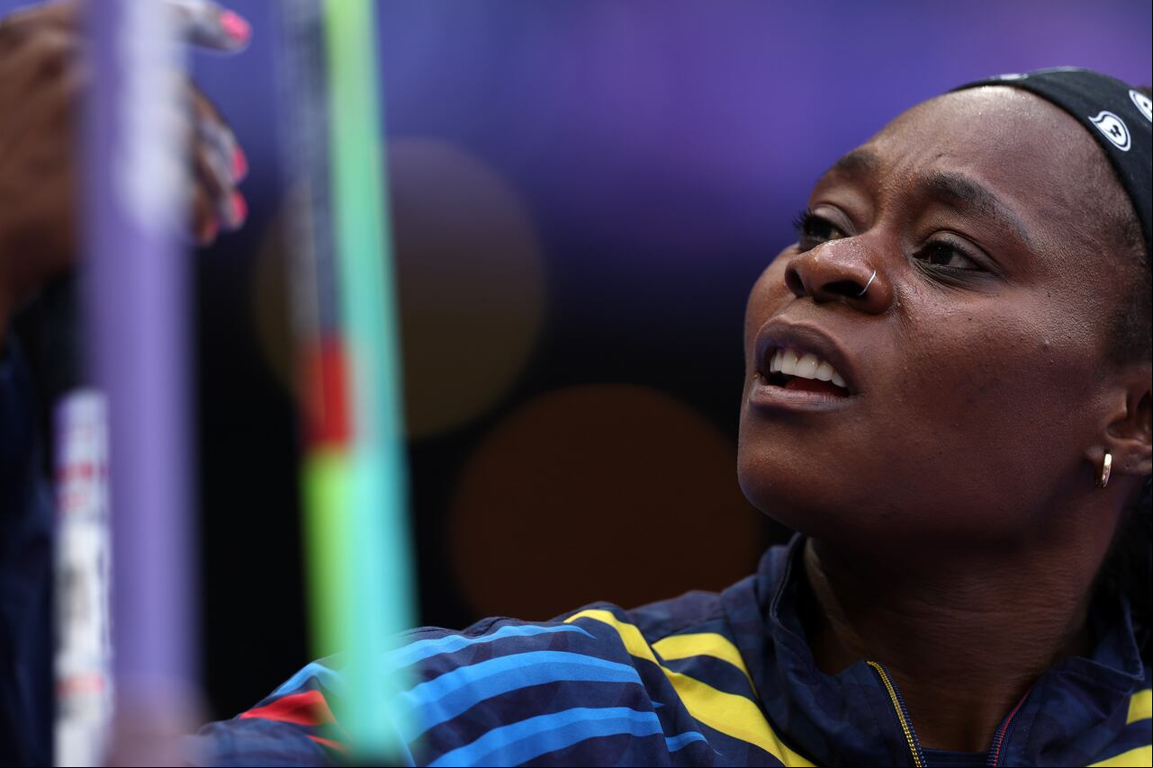 PARIS, - AUGUST 07: Flor Denis Ruiz Hurtado of Team Colombia looks on during the Women's Javelin Throw Qualification on day twelve of the Olympic Games Paris 2024 at Stade de on August 07, 2024 in Paris, . (Photo by Christian Petersen/Getty Images)