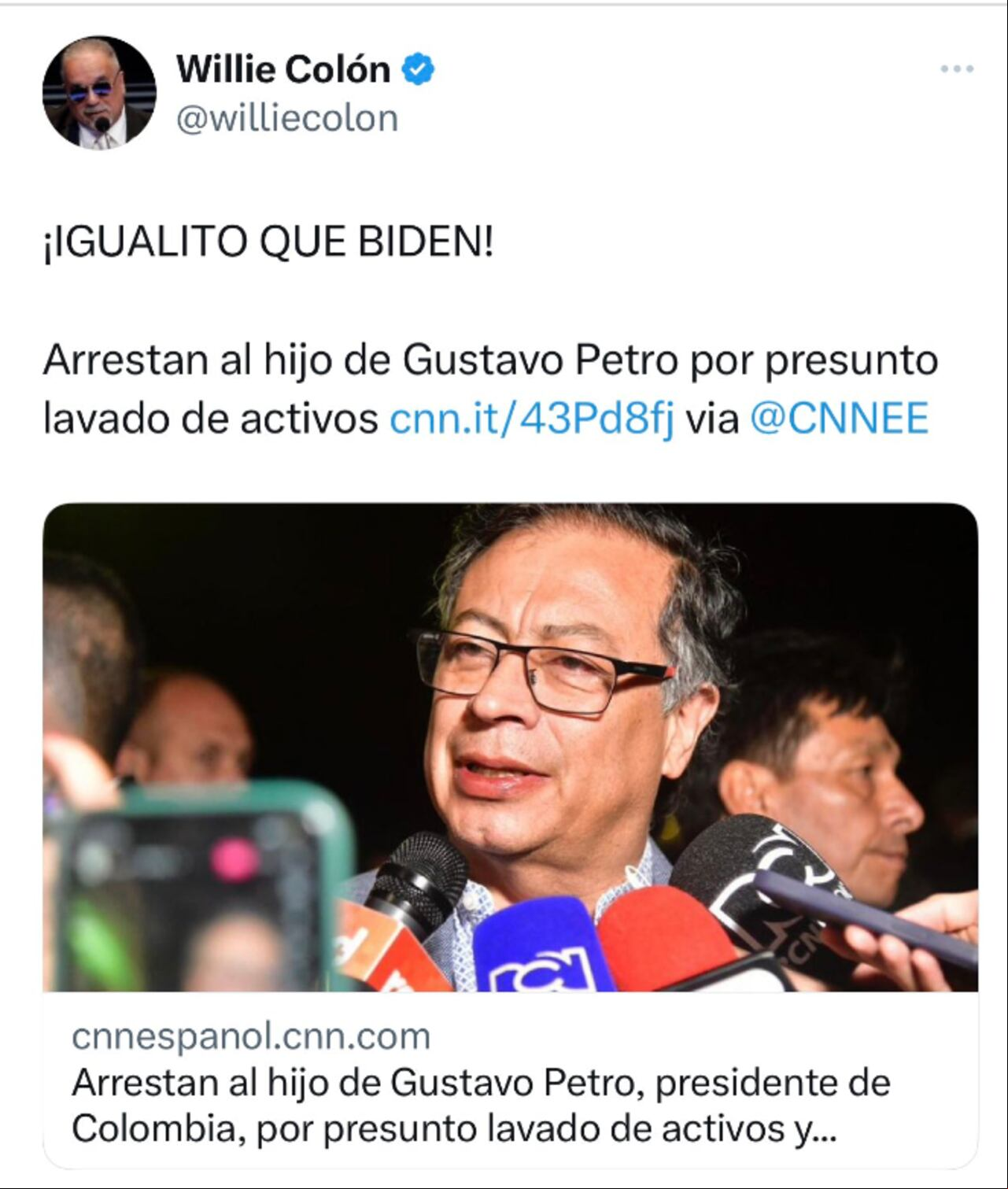El cantante Willie Colón compartió un trino sobre la captura del hijo de Petro y lo comparó con Joe Biden. Sin embargo, los internautas le recordaron que uno de sus hijos también enfrenta delitos ante la ley.