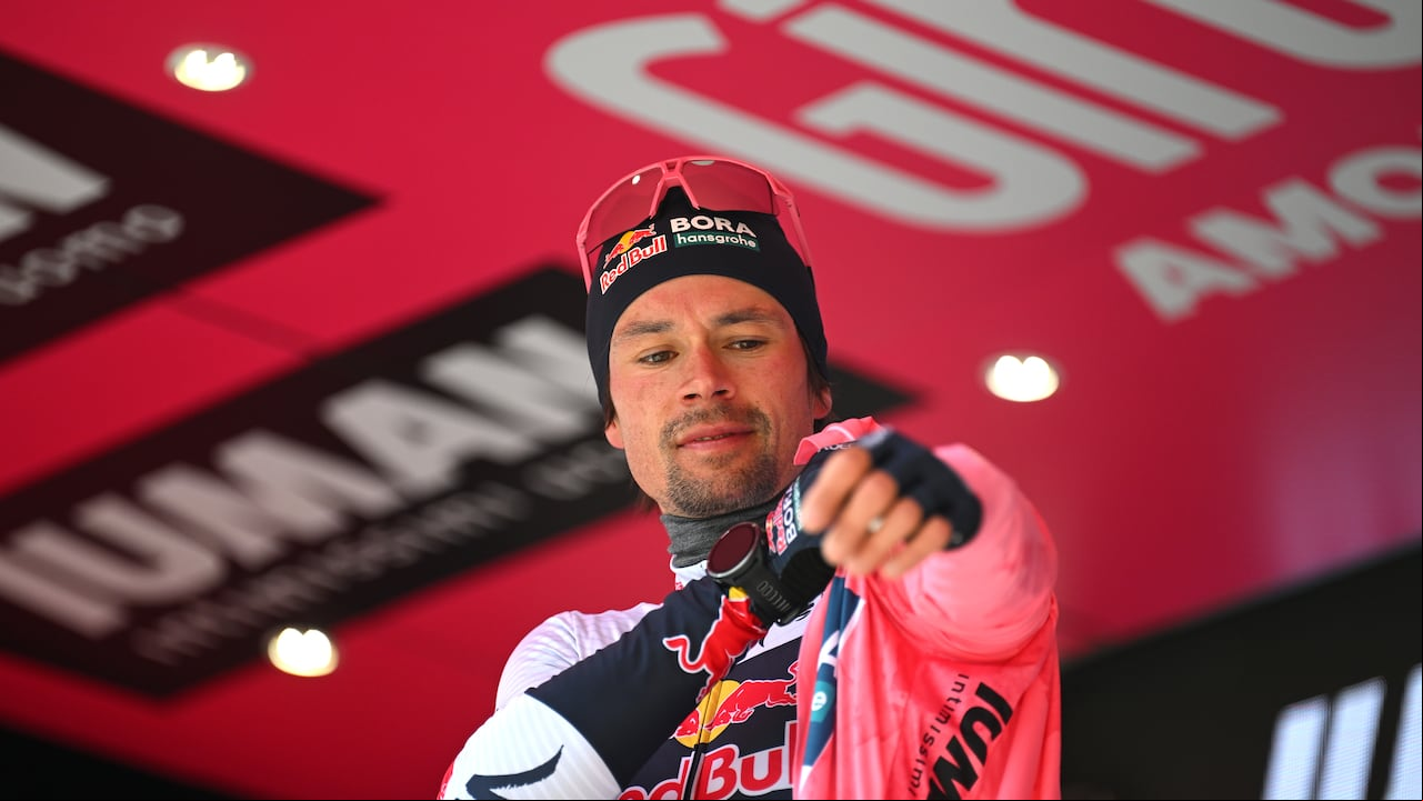 TAGLIACOZZO - MARSIA, ITALY - MAY 16: Primoz Roglic of Slovenia and Team Red Bull - BORA - hansgrohe celebrates at podium as Pink Leader Jersey winner during the 108th Giro d'Italia 2025, Stage 7 a 168km stage from Castel di Sangro to Tagliacozzo - Marsia 1424m / #UCIWT / on May 16, 2025 in Tagliacozzo - Marsia, Italy. (Photo by Tim de Waele/Getty Images)