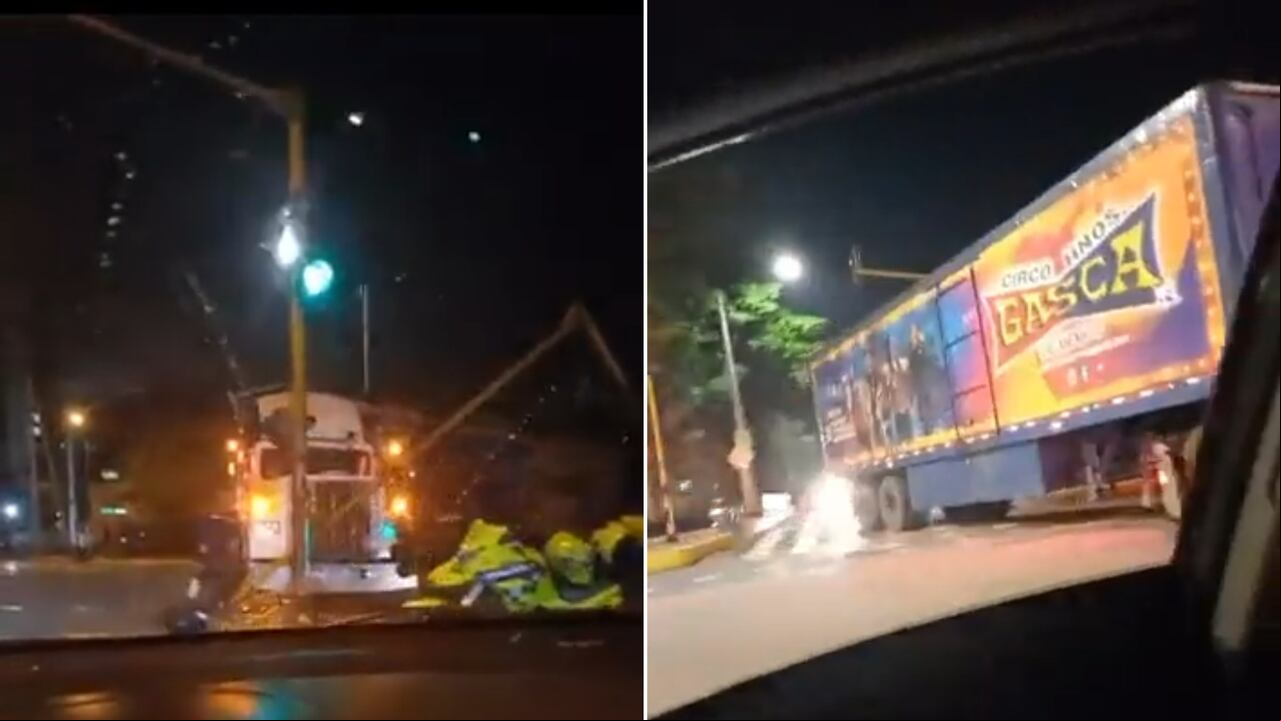 La tractomula del Circo Gasca chocó contra un semáforo y la red eléctrica en Cali.
