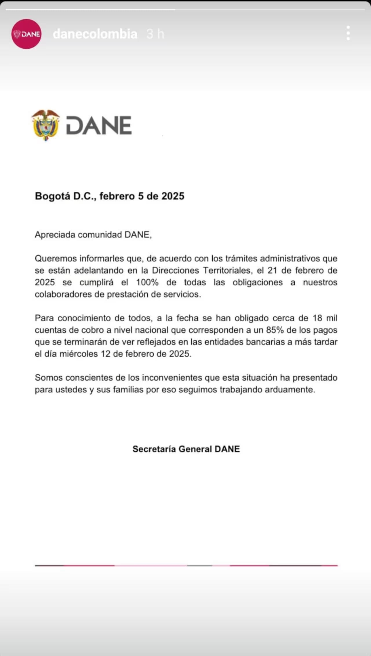 El DANE anunció que cubrirá el equivalente a 18 mil cuentas de cobro, lo que representa el 85 % de los pagos pendientes.