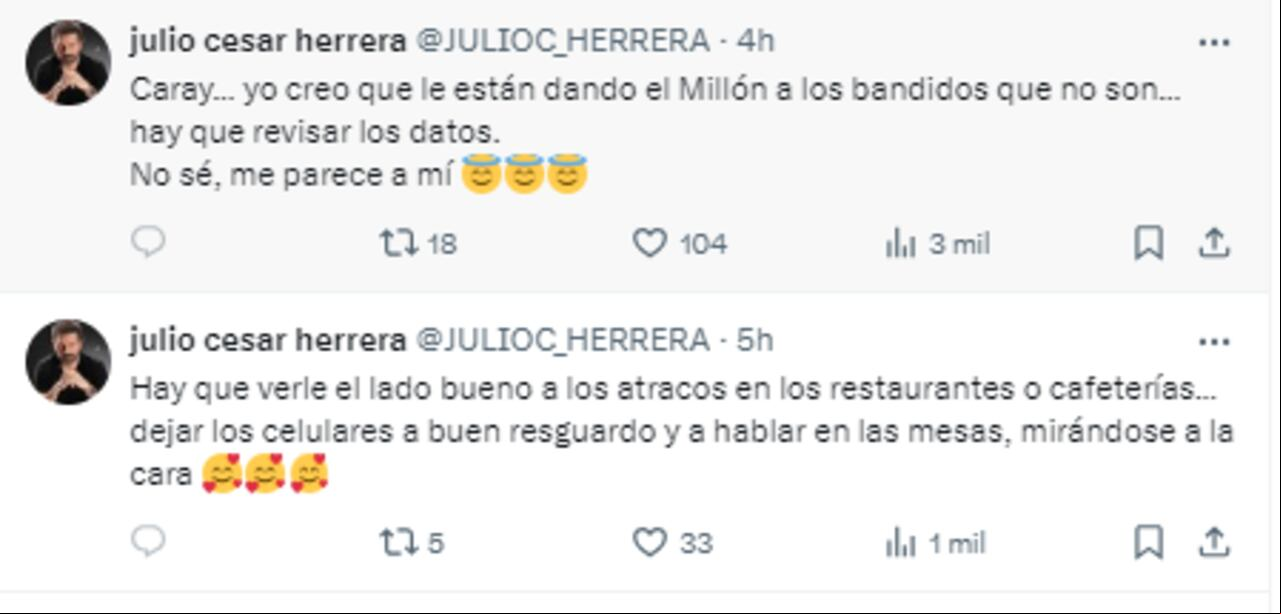 El actor Julio Cesar Herrera compartió varios mensajes sarcásticos sobre los hechos de inseguridad en Bogotá.