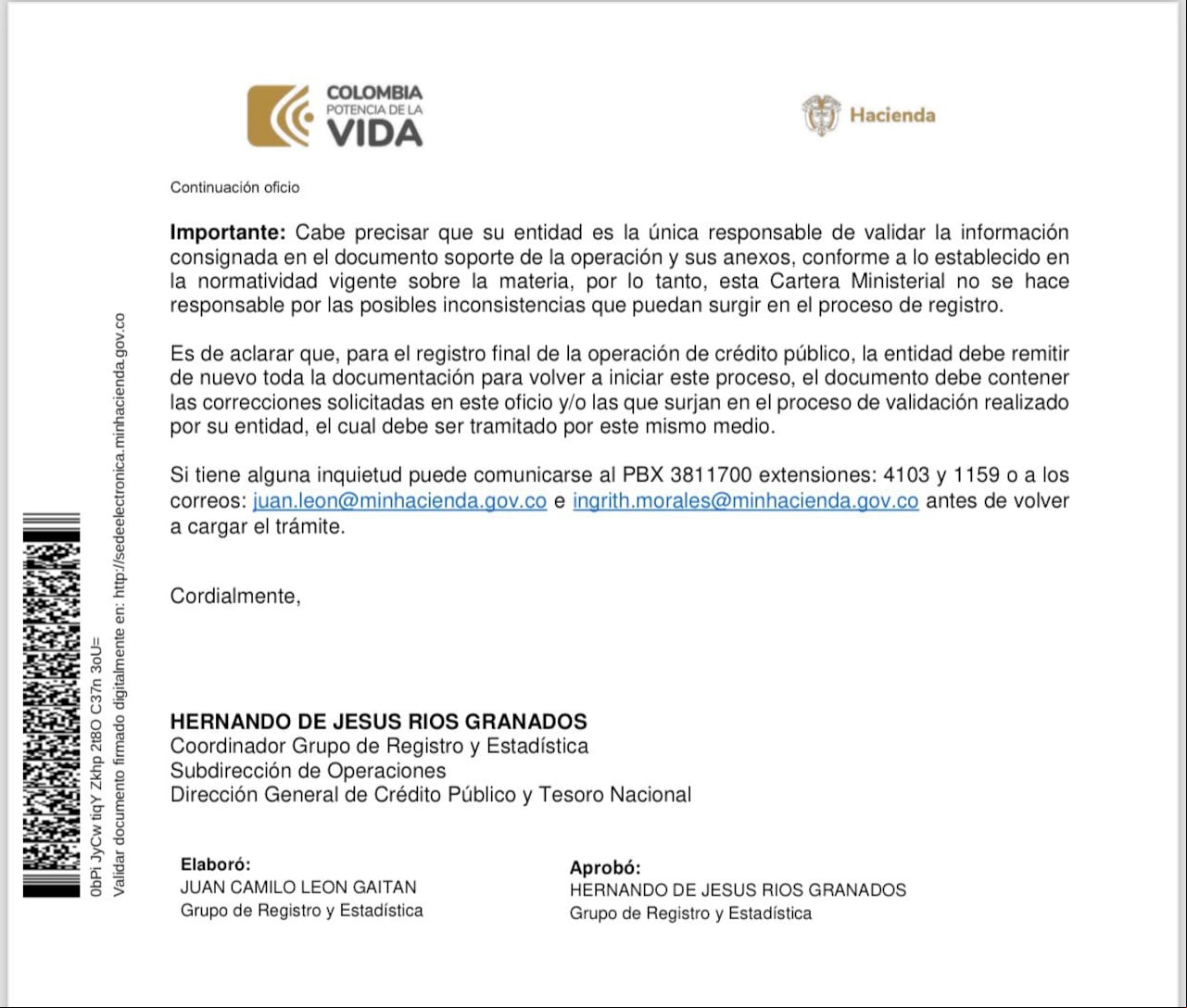 Segunda página del documento que envió el Ministerio de Hacienda a la Alcaldía de Cali.