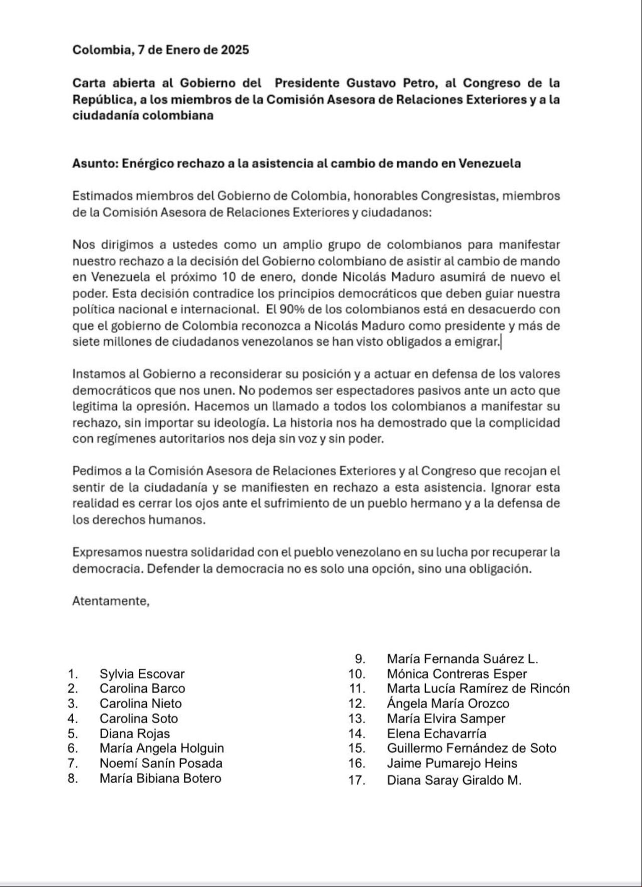 Carta de rechazo ante la posible asistencia del gobierno de Gustavo Petro a la posesión de Nicolás Maduro en Venezuela.