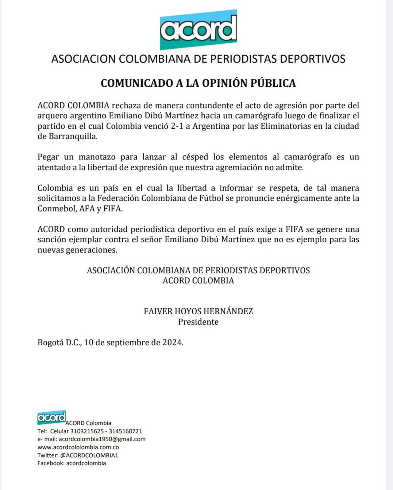 Comunicado de ACORD sobre Emiliano Martínez.