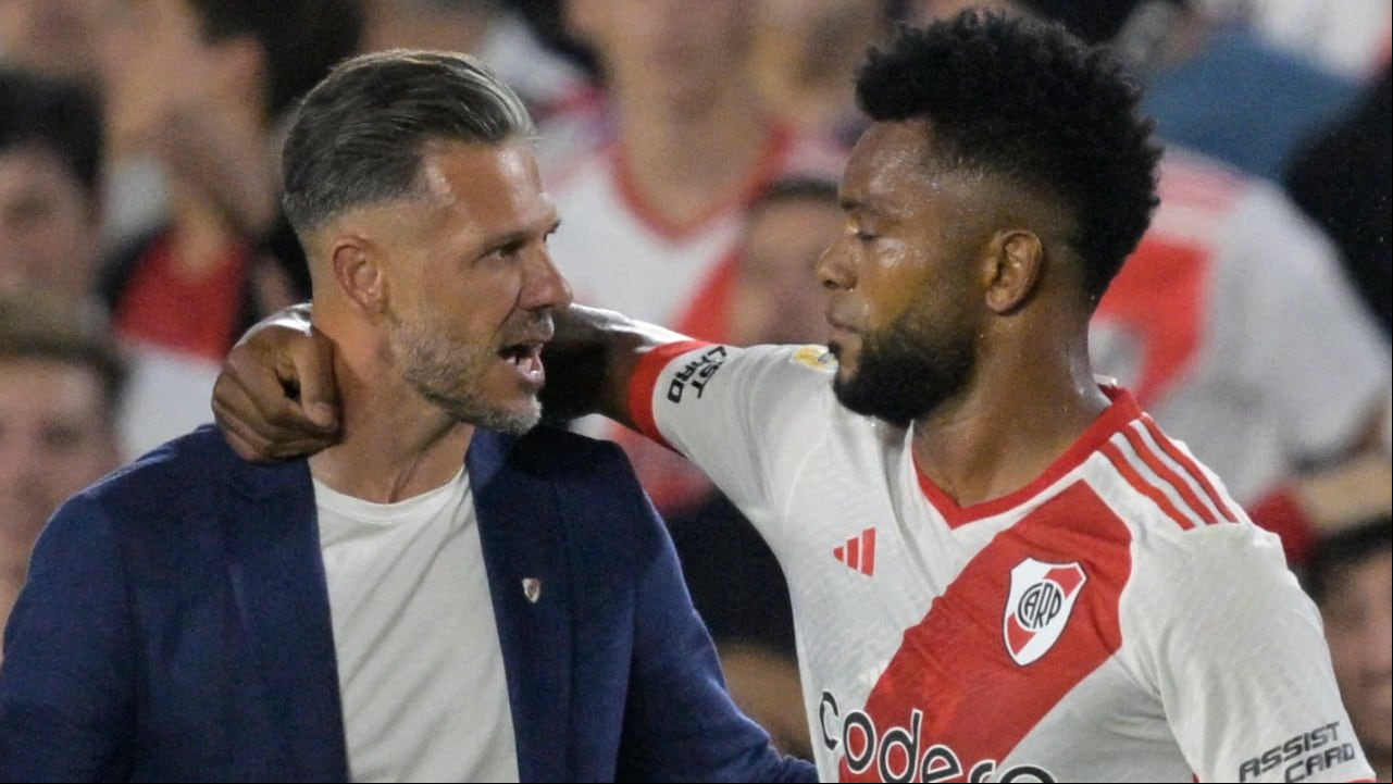 Miguel Borja y su técnico en River, Martín Demichelis