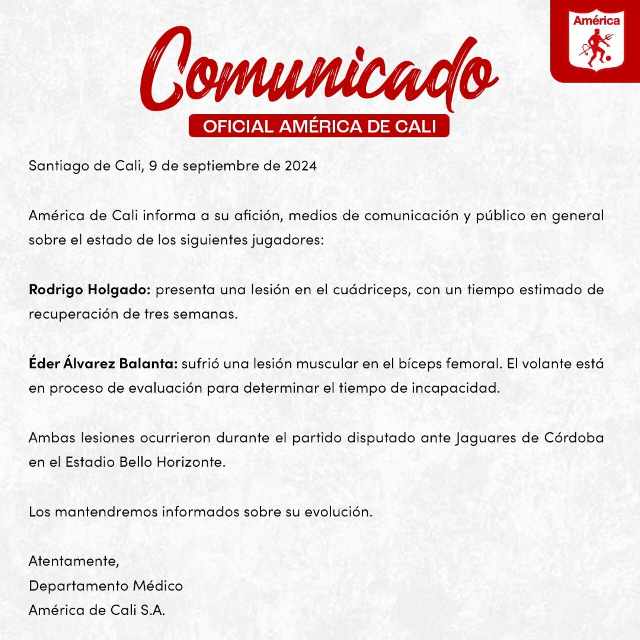 Parte médico del América sobre la situación de Holgado y Balanta.