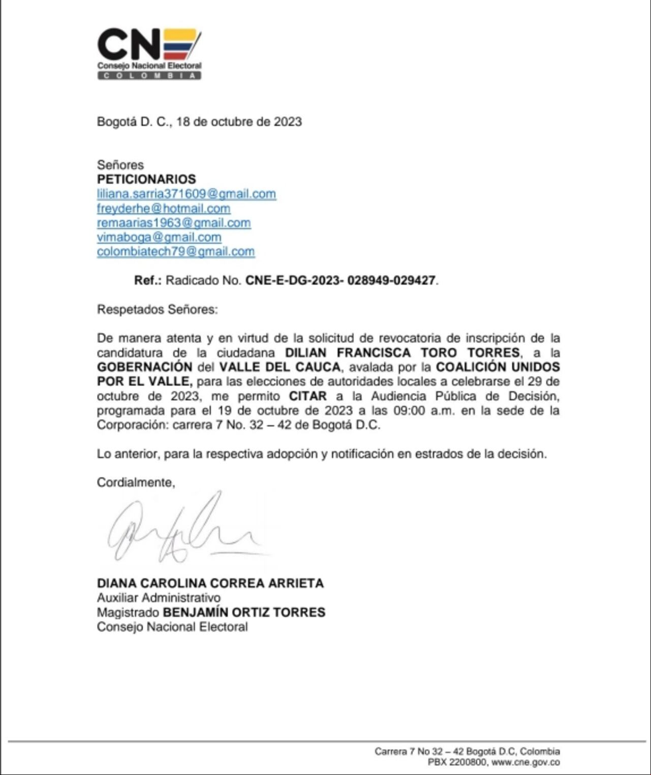 Esta fue la citación que el CNE le hizo a Dilian Francisca Toro para definir el futuro de su candidatura.