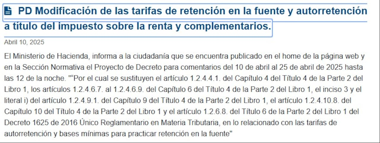 Proyecto de decreto para modificar la Retención en la Fuente