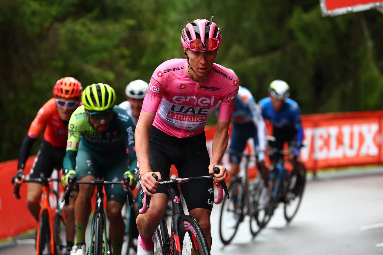 Team UAE's Slovenian rider Tadej Pogacar rides in a breakaway on the final climb in o del Brocon during the 17th stage of the 107th Giro d'Italia cycling race, 159km between Selva di Val Gardena and o del Brocon on May 22, 2024. (Photo by Luca Bettini / AFP)