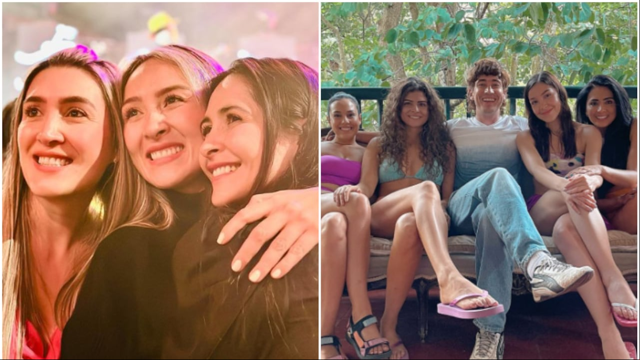A la izquierda, Michelle Durango, Marcela Durango y Luisa Durango. A la derecha el elenco de la novela de Rigo.