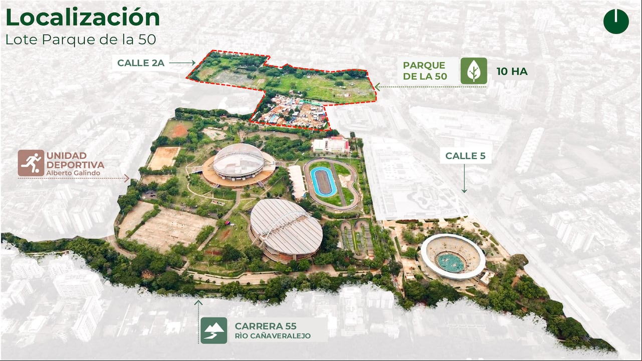 En esta imagen, suministrada por la Dirección del Planeación de la Alcaldía de Cali, se puede vislumbrar con un rojo punteado el predio que se le compraría a la SAE. Al frente de la Unidad Deportiva y la Arena de Eventos de Cañaveralejo.
Imagen cortesía de Alcaldía de Cali.