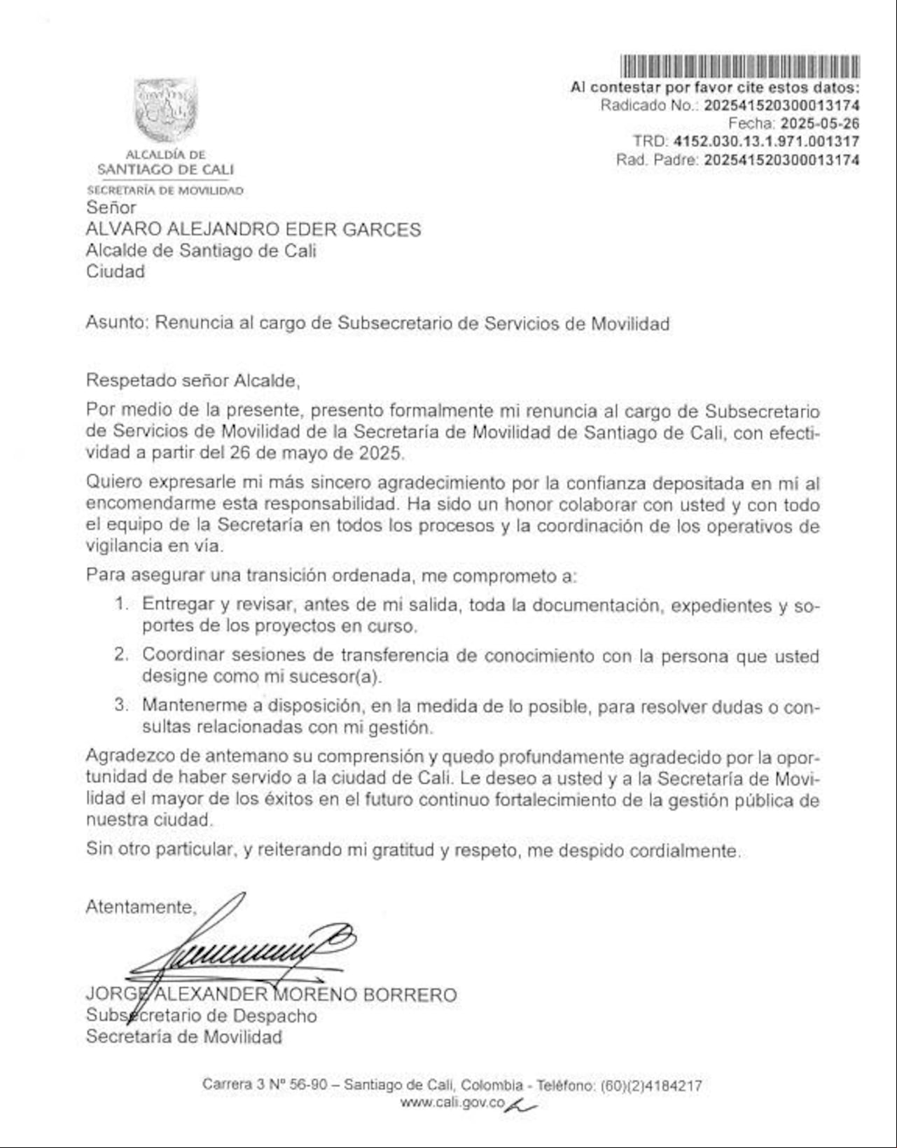 Jorge Alexander Moreno presentó su carta de renuncia como subsecretario de Movilidad de Cali.