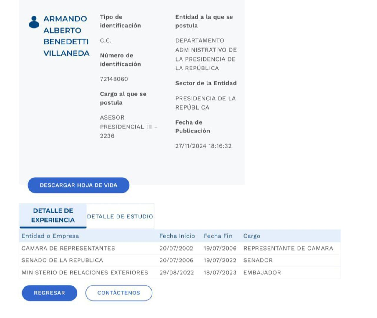 Hoja de vida de Armando Benedetti para el cargo de asesor del presidente Gustavo Petro