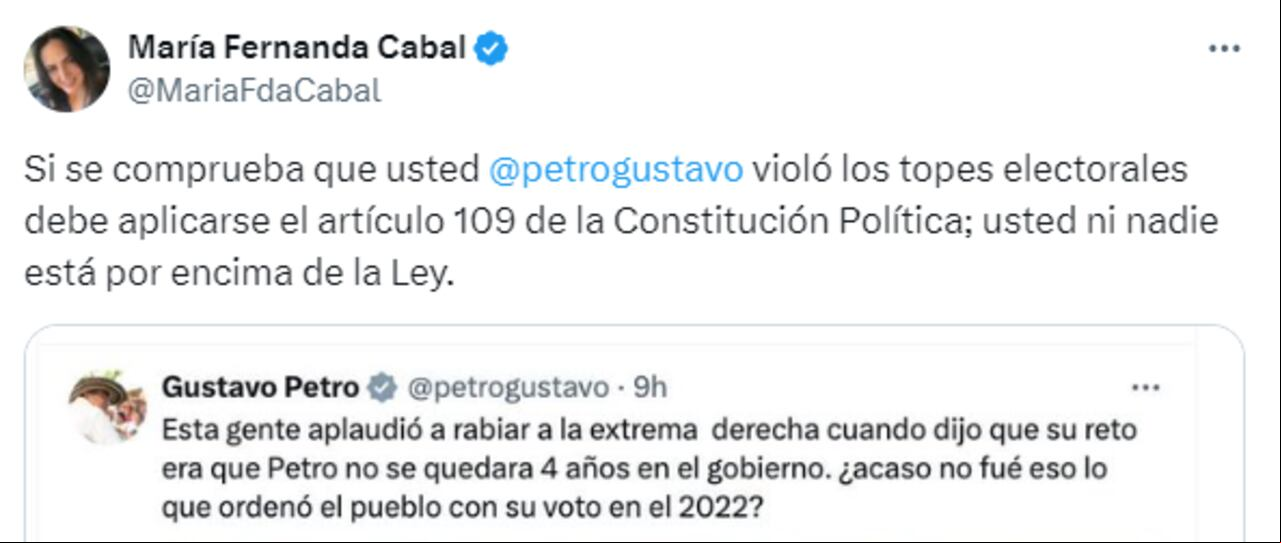 Mensajes entre María Fernanda Cabal y Gustavo Petro