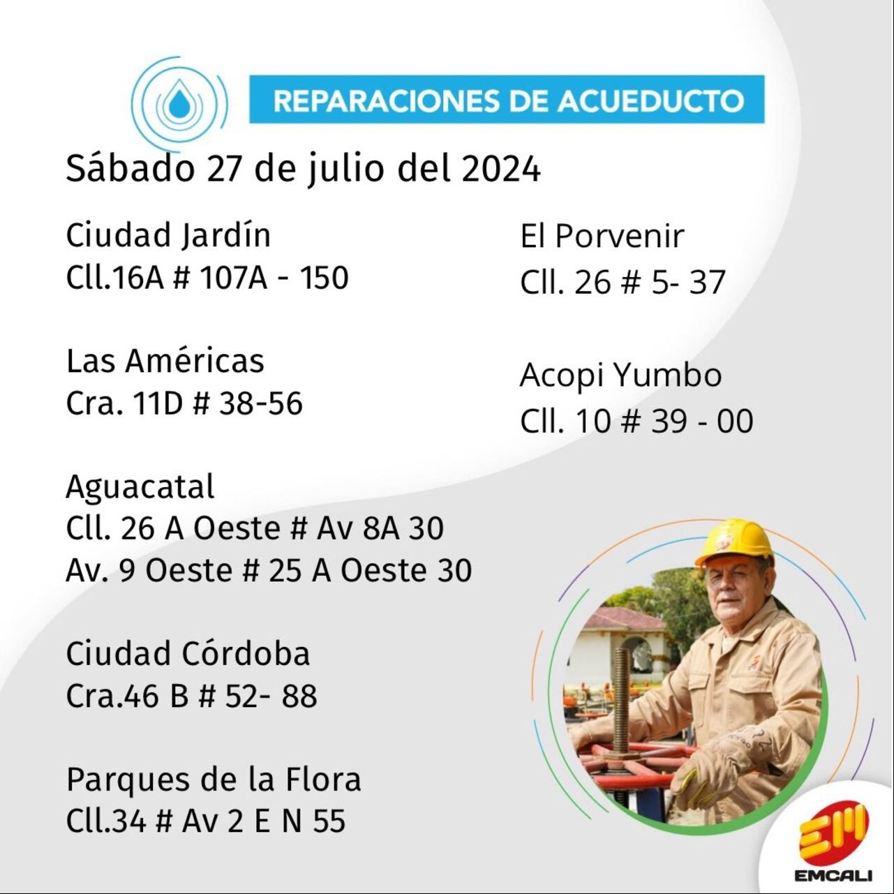 Reparaciones de acueducto en Cali 27 de julio 2024.