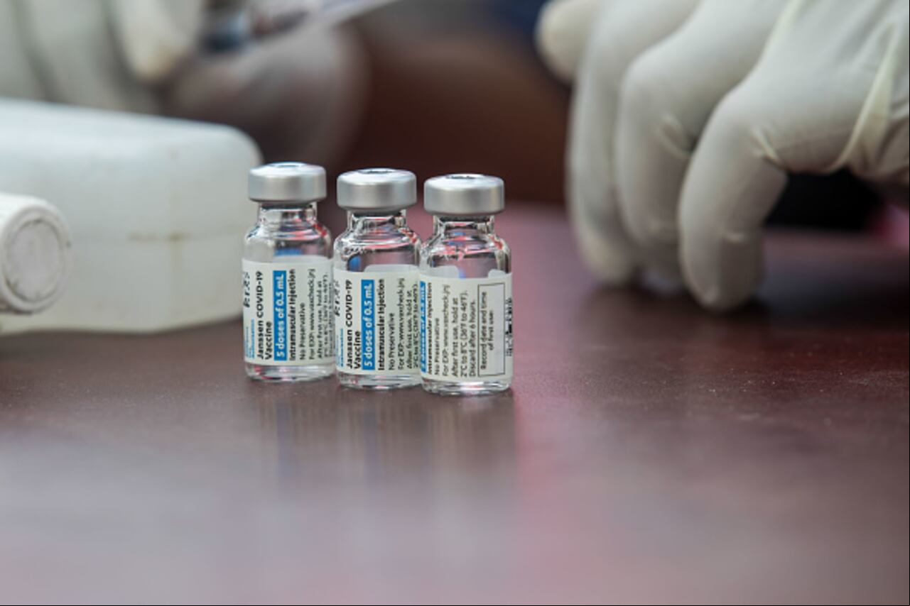 DHAKA, BANGLADESH - 2022/02/14: Vials containing Janssen COVID-19 Vaccine are seen during a vaccination campaign for transgender community and Homeless people in Central Shaheed Minar, Dhaka. (Photo by Sazzad Hossain/SOPA Images/LightRocket via Getty Images)