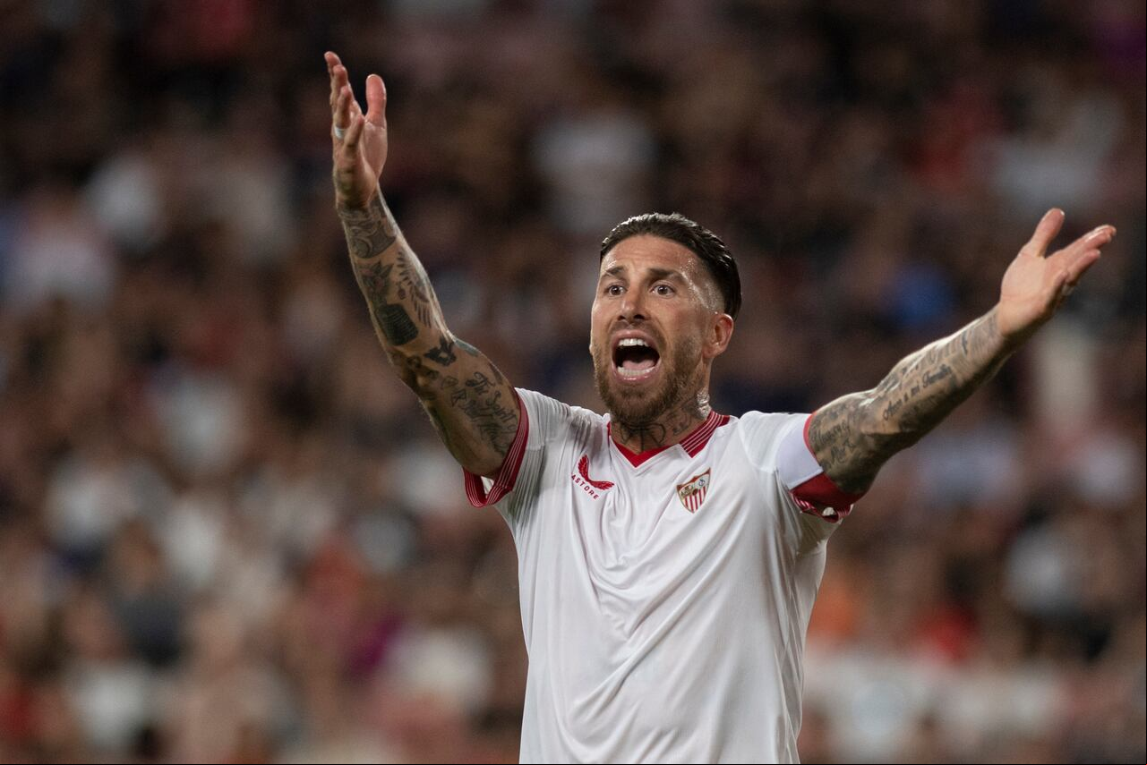 (FILES) Sevilla's Spanish defender #4 Sergio Ramos reacts during the Spanish league football match between Sevilla FC and FC Barcelona at the Ramon Sanchez Pizjuan stadium in Seville on May 26, 2024. Veteran Spanish defender Sergio Ramos has told hometown club Sevilla his second stint with them is over after just one season, the La Liga outfit said on June 17, 2024. (Photo by JORGE GUERRERO / AFP)