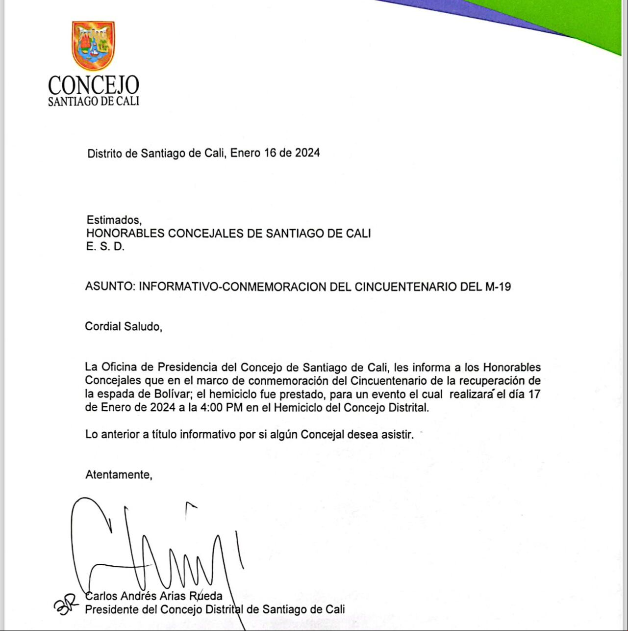 Esta es la carta firmada por el presidente del Concejo en el que se notifica que el hemiciclo sería prestado para tal fin.
