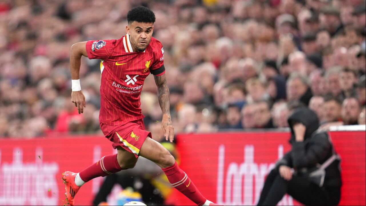 Liverpool's Luis Diaz in action during the English Premier League soccer match between Liverpool and Chelsea at Anfield Stadium, Liverpool, England, Sunday, Oct. 20, 2024. (AP Photo/Jon Super)