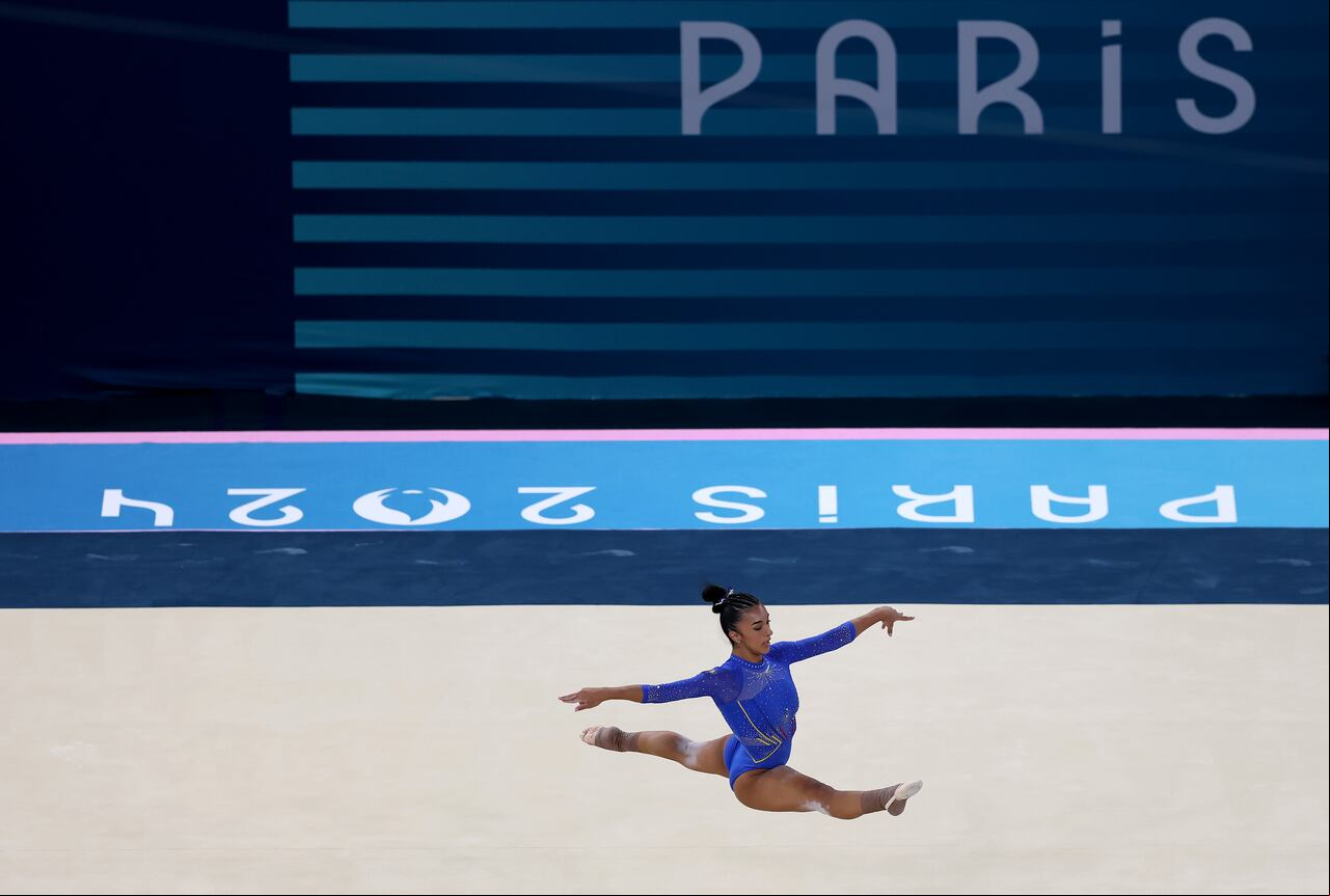 PARIS, - JULY 28: Luisa Blanco of Team Colombia competes in the floor exercise during the Artistic Gymnastics Women's Qualification on day two of the Olympic Games Paris 2024 at Bercy Arena on July 28, 2024 in Paris, . (Photo by Jamie Squire/Getty Images)