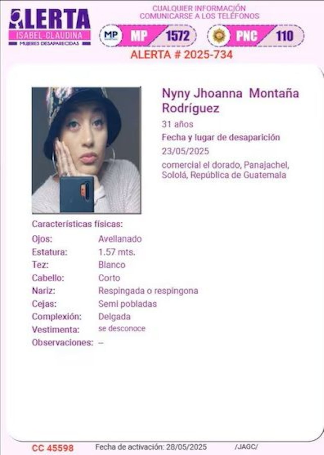 Esta fue la boleta de búsqueda que emitieron las autoridades de ese país luego que los familiares de Nyny Jhoanna Montaña Rodríguez alertaran de su desaparición.