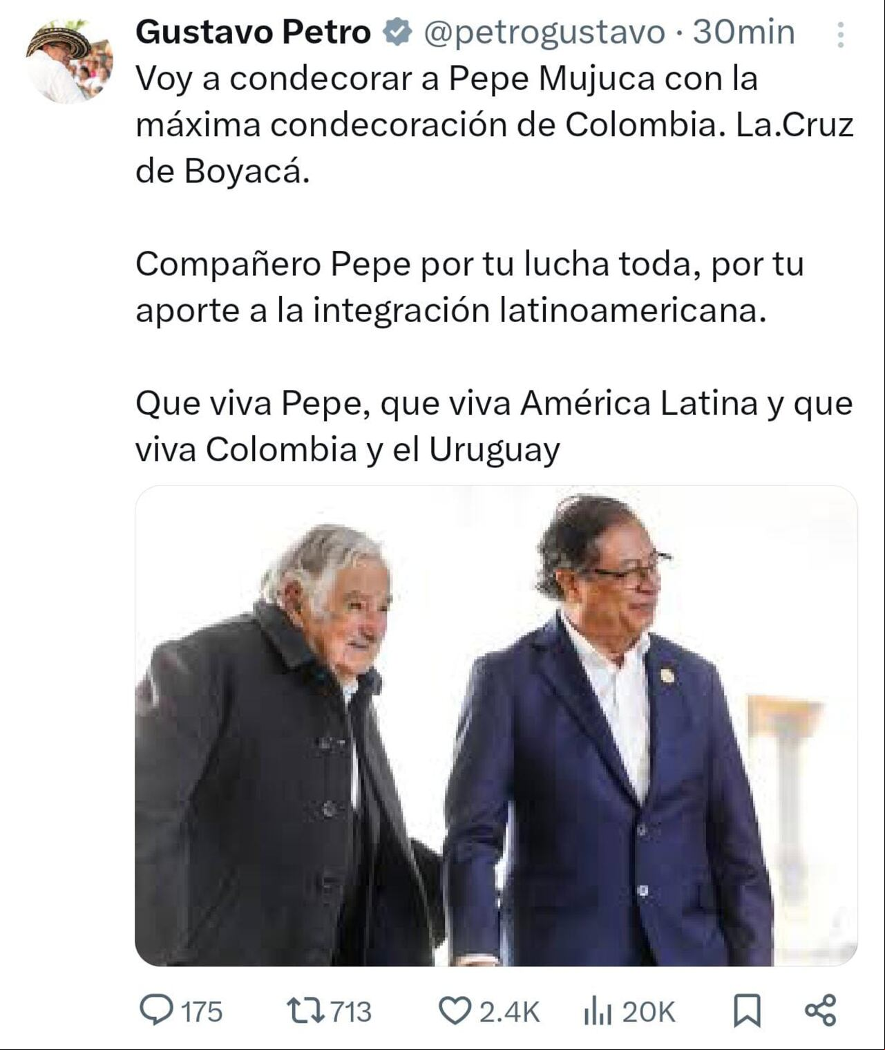 Este fue el mensaje emitido por el presidente de Colombia, Gustavo Petro, sobre la condecoración a Pepe Mujica.