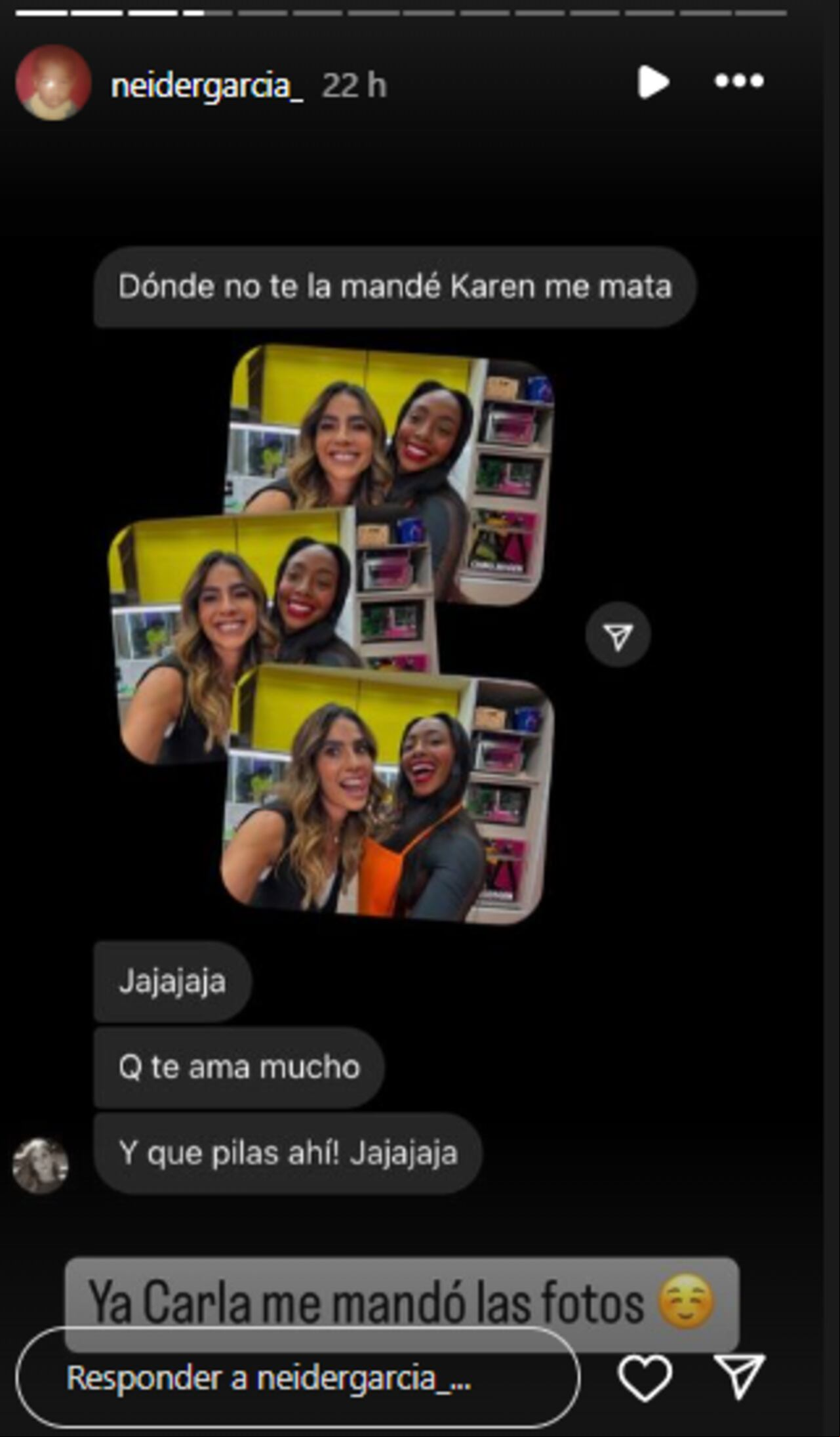 Carla Giraldo le envió fotos de Karen a su novio a través de Instagram.