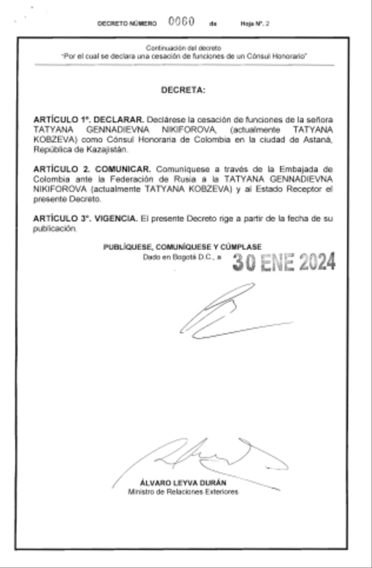 Este es otro de los decretos que Álvaro Leyva firmó el 30 de enero de 2024.