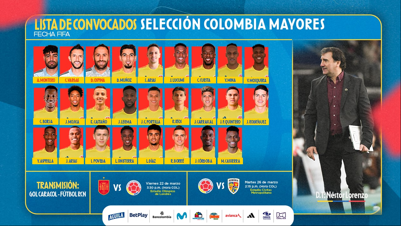 Convocatoria de la Selección Colombia para los partidos amistosos de marzo del 2024.