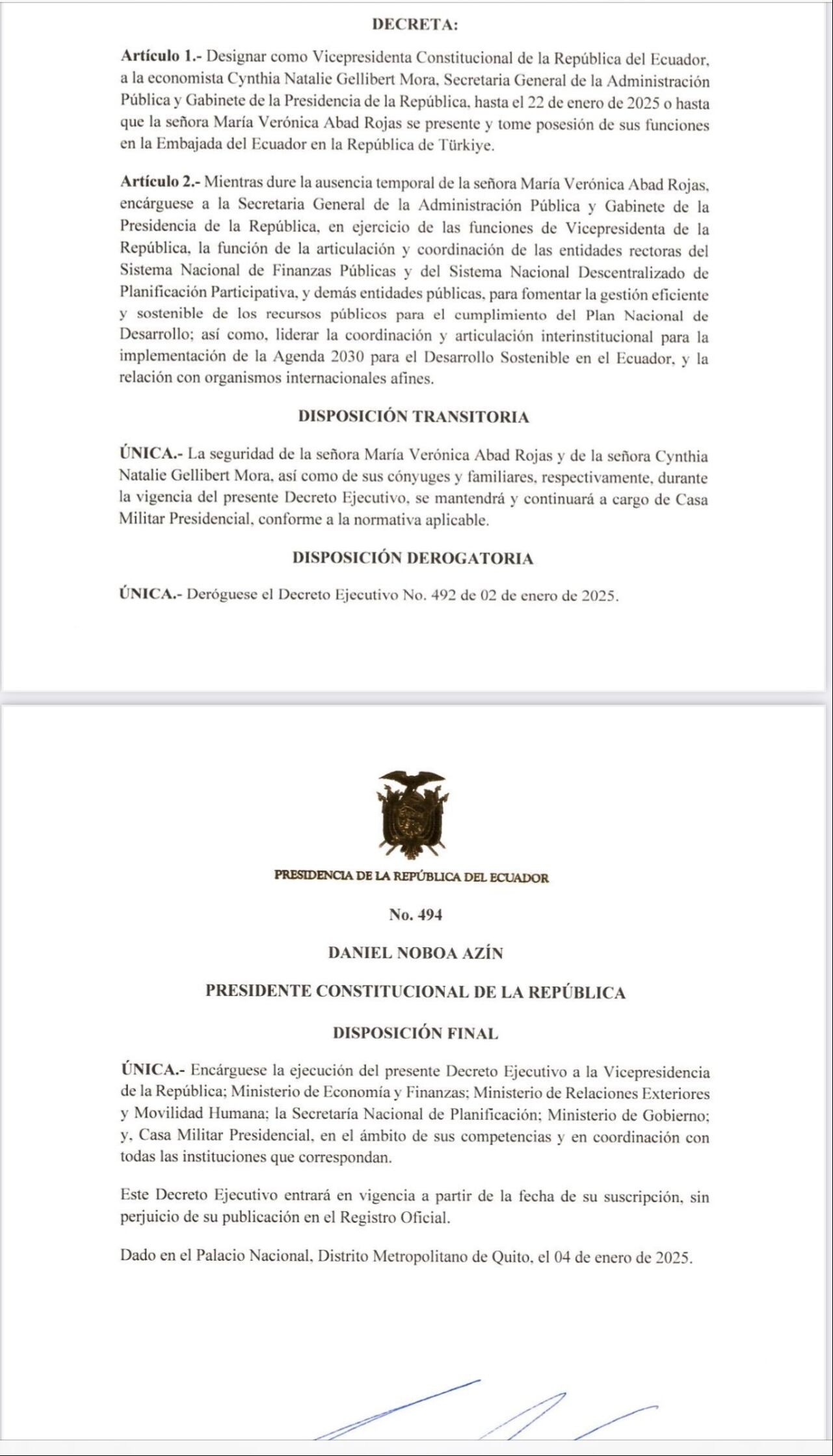 Este es el decreto firmado por Noboa en el que se designa a Gellibert como nueva vicepresidenta de Ecuador.