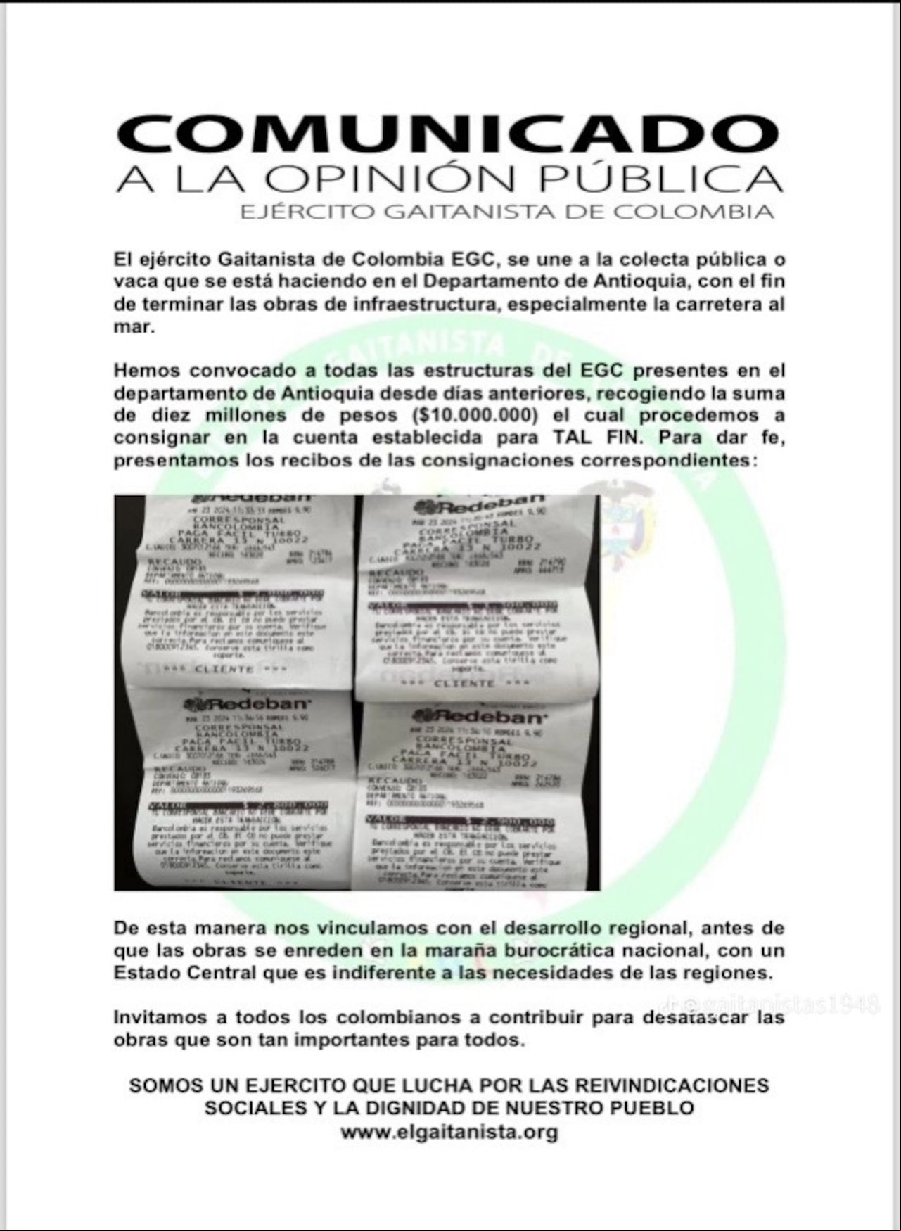 El Clan del Golfo asegura que aporto dinero a la vaca por las vías de Antioquia.