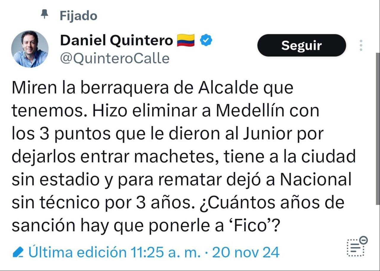 Este fue el pronunciamiento del exalcalde de Medellín, Daniel Quintero.
