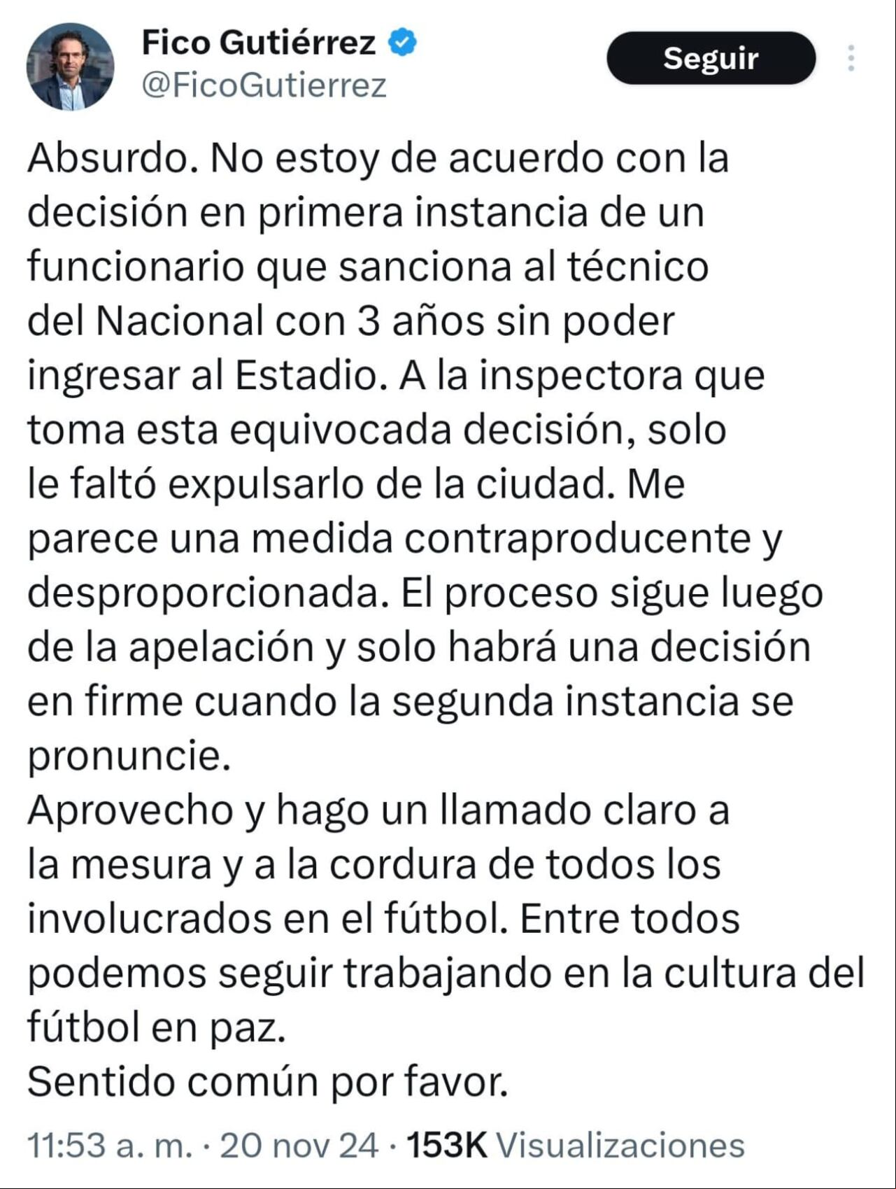 El alcalde de Medellín, Federico Gutiérrez, se pronunció frente a la sanción del técnico del Atlético Nacional.