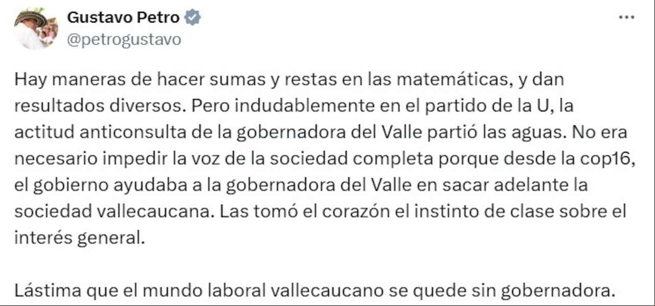 El presidente Gustavo Petro cuestionó a Dilian Francisca Toro, gobernadora del Valle del Cauca.