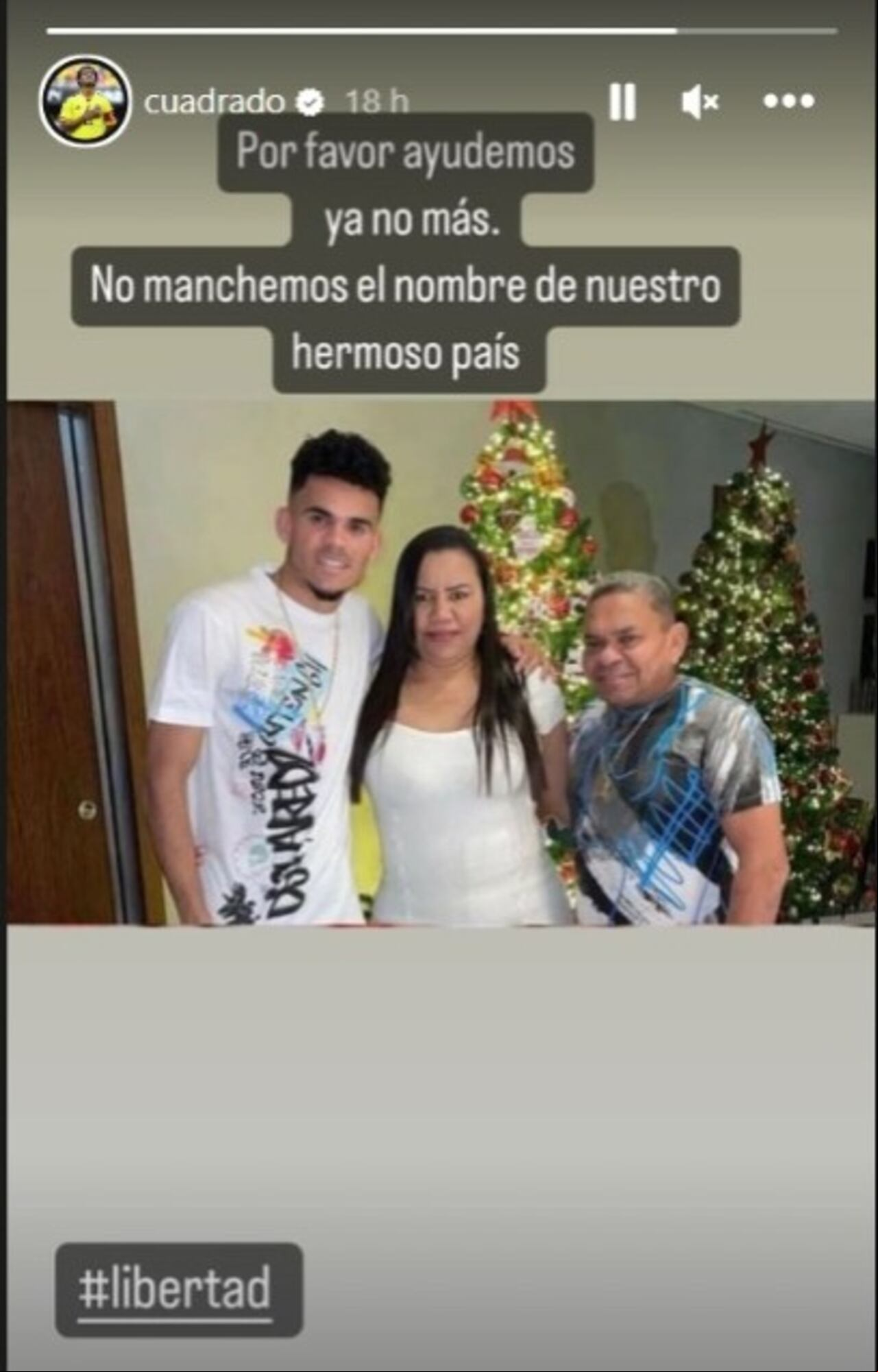 Mensaje de Juan Cuadrado exigiendo la liberación del padre de Luis Díaz.