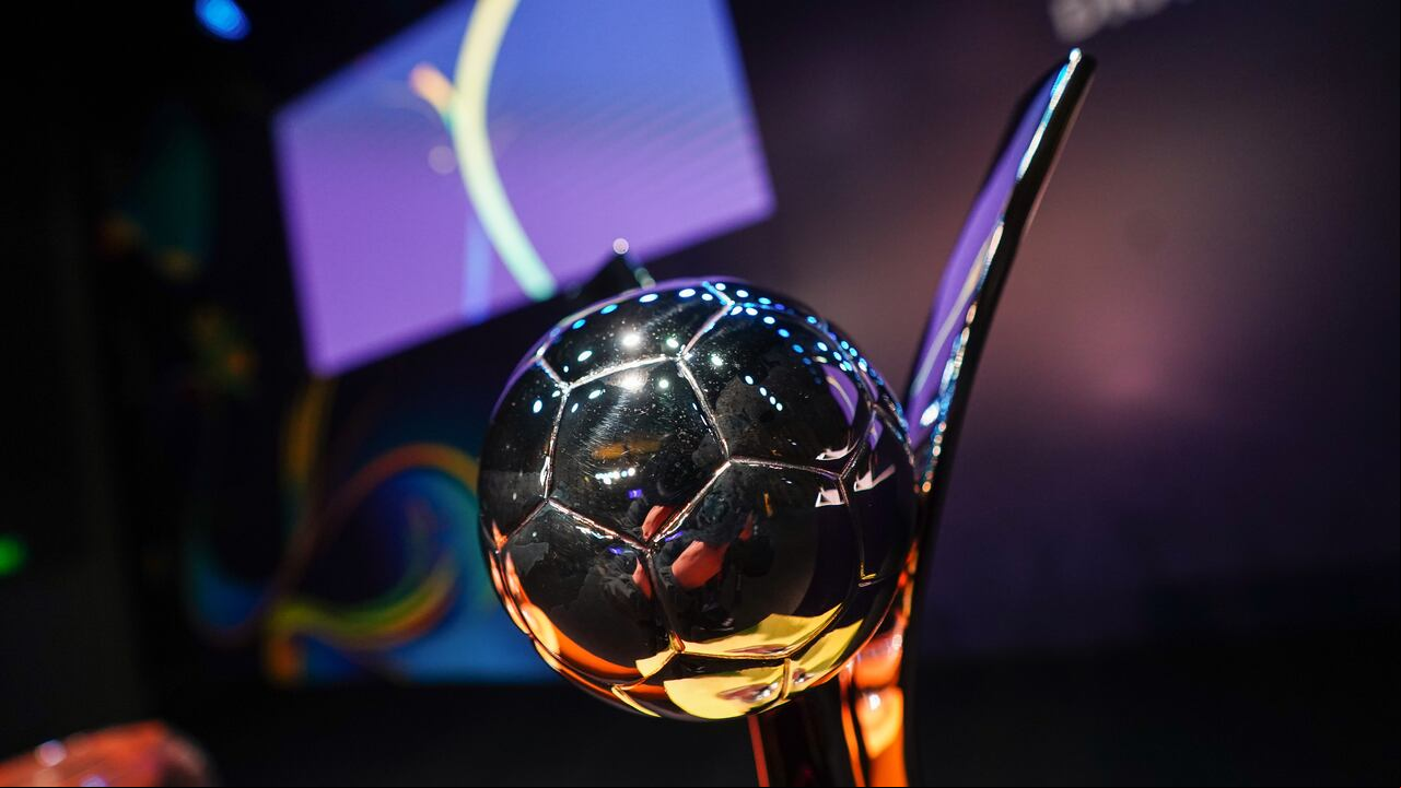 BOGOTA, COLOMBIA - JUNE 5: The FIFA U-20 Women's World Cup Trophy is seen on stage during group draw for the FIFA U-20 Women's World Cup Colombia 2024 on June 5, 2024 in Bogota, Colombia. (Photo by Andres Rot - FIFA/FIFA via Getty Images)