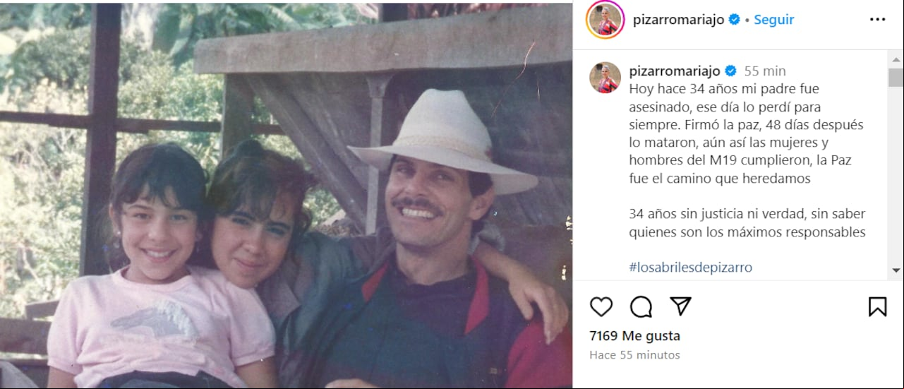 La senadora María José Pizarro publicó una emotiva foto en Instagram recordando los 34 años de la muerte de su padre Carlos Pizarro Leongómez.