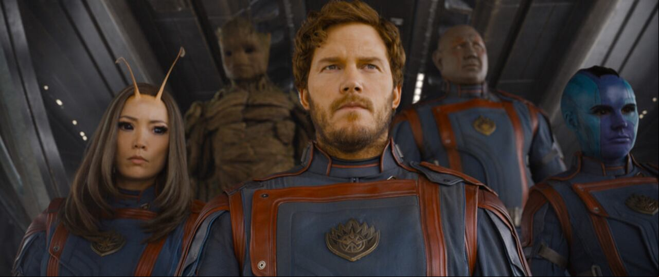 Pom Klementieff es Mantis, Groot (Voz de Vin Diesel), Chris Pratt es Peter Quill/Star-Lord, Dave Bautista es Drax, Karen Gillan es Nebula