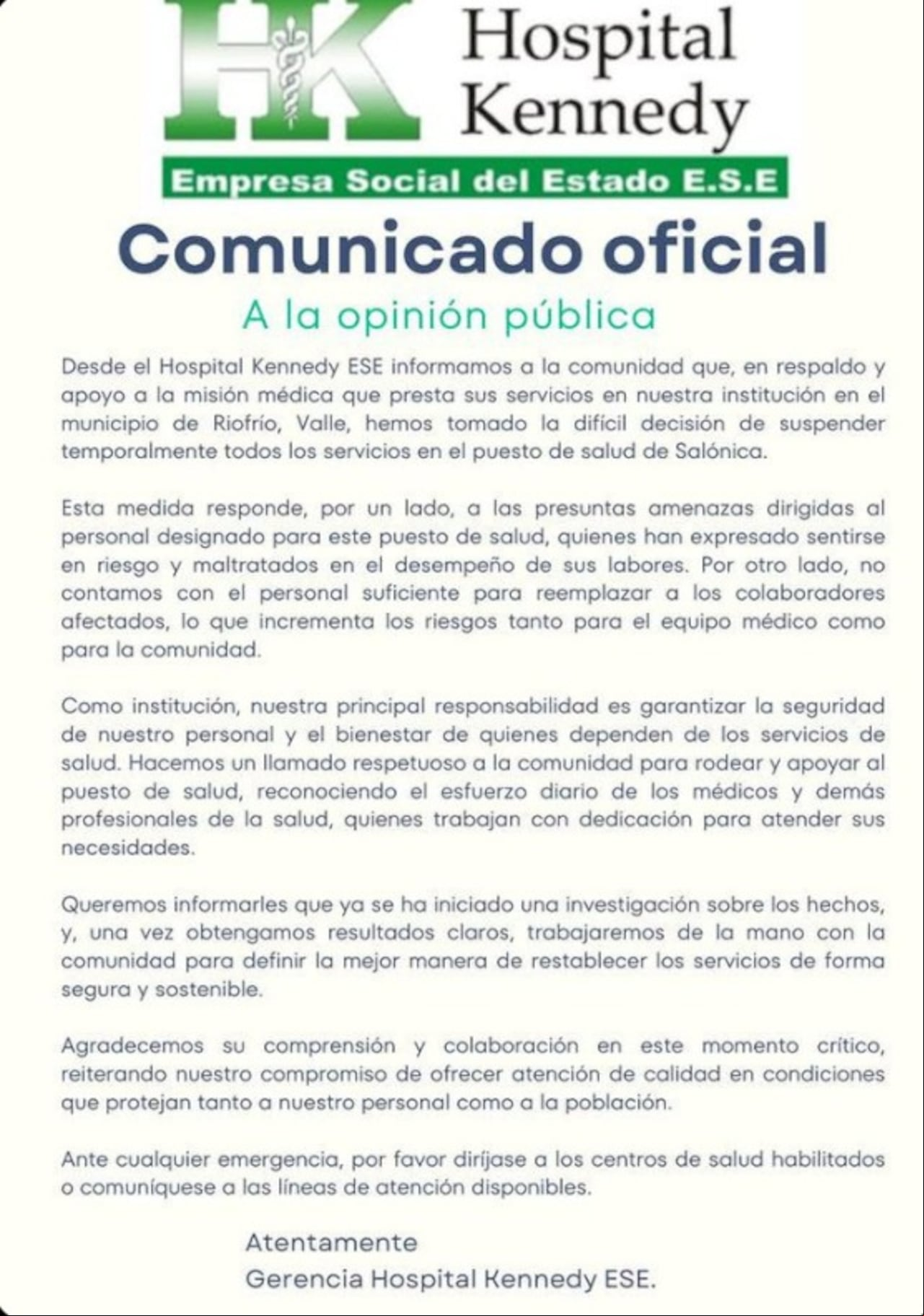 Hospital Kennedy suspende servicios en Salónica por intimidaciones a personal médico