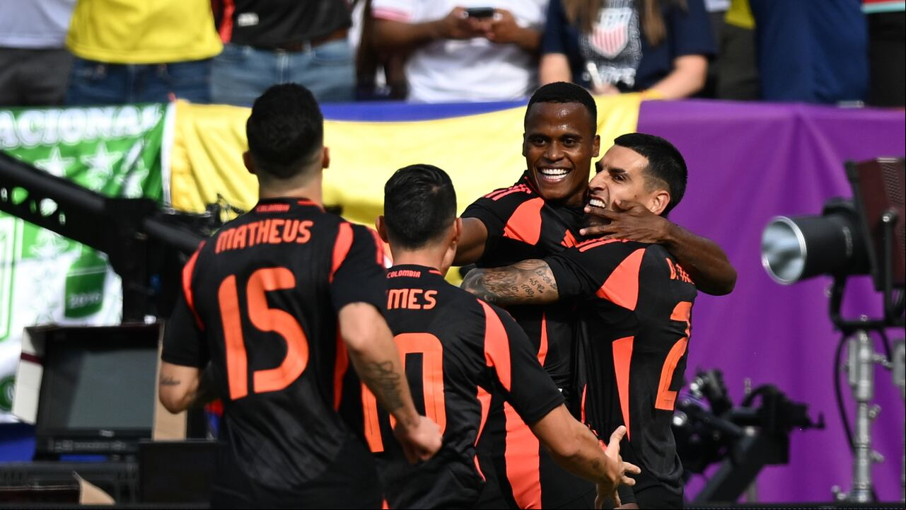 LANDOVER, MARYLAND - JUNE 8: Daniel Munoz #21, Jhon Arias #11 and Mateus Uribe #15 of Colombia celebrate a goal during the match between Colombia and USMNT at Commanders Field on June 8, 2024 in Landover, Maryland. (Photo by Stephen Nadler/ISI Photos/Getty Images)