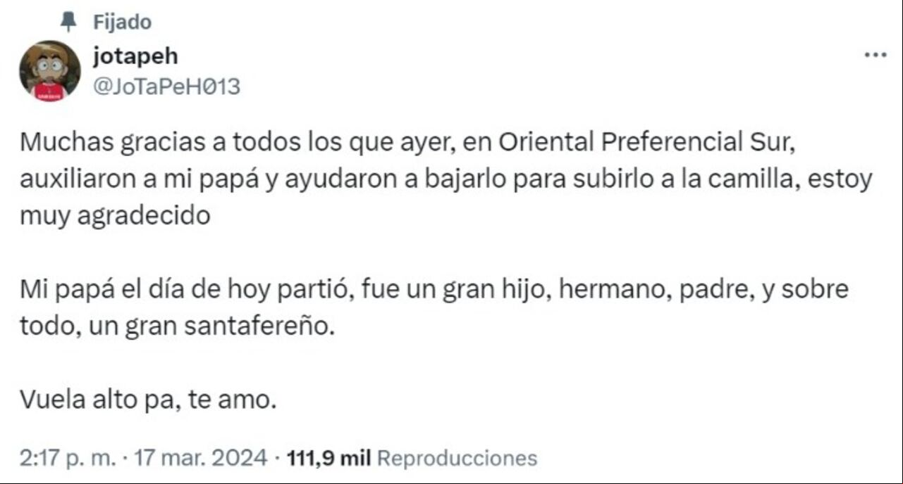Juan Pablo Hernández lamentó la muerte de su padre, John Freddy Hernández Leal.