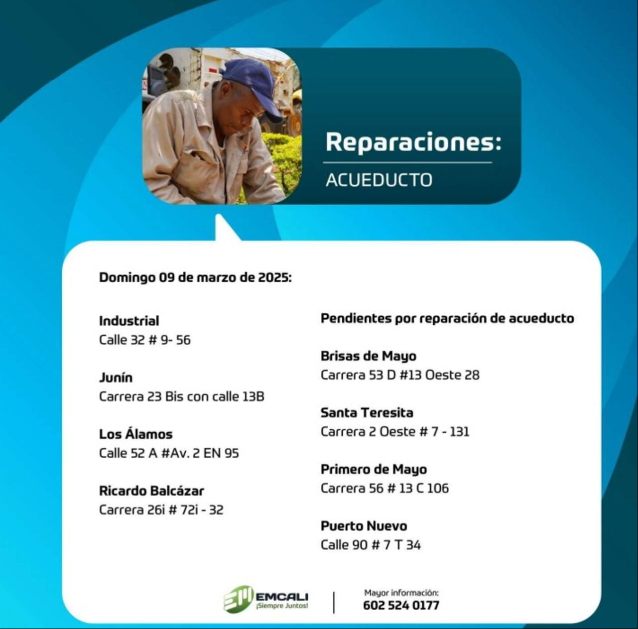 Reparaciones y mantenimiento Emcali para este domingo 9 de marzo