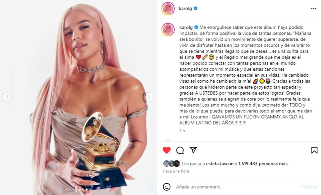 Publicación de Karol G agradeciendo por su primer Grammy